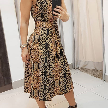 Elegant Sleeveless Baroque Print Sleeveless Midi Dress