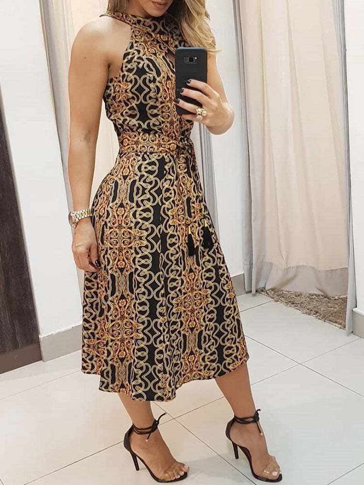Elegant Sleeveless Baroque Print Sleeveless Midi Dress