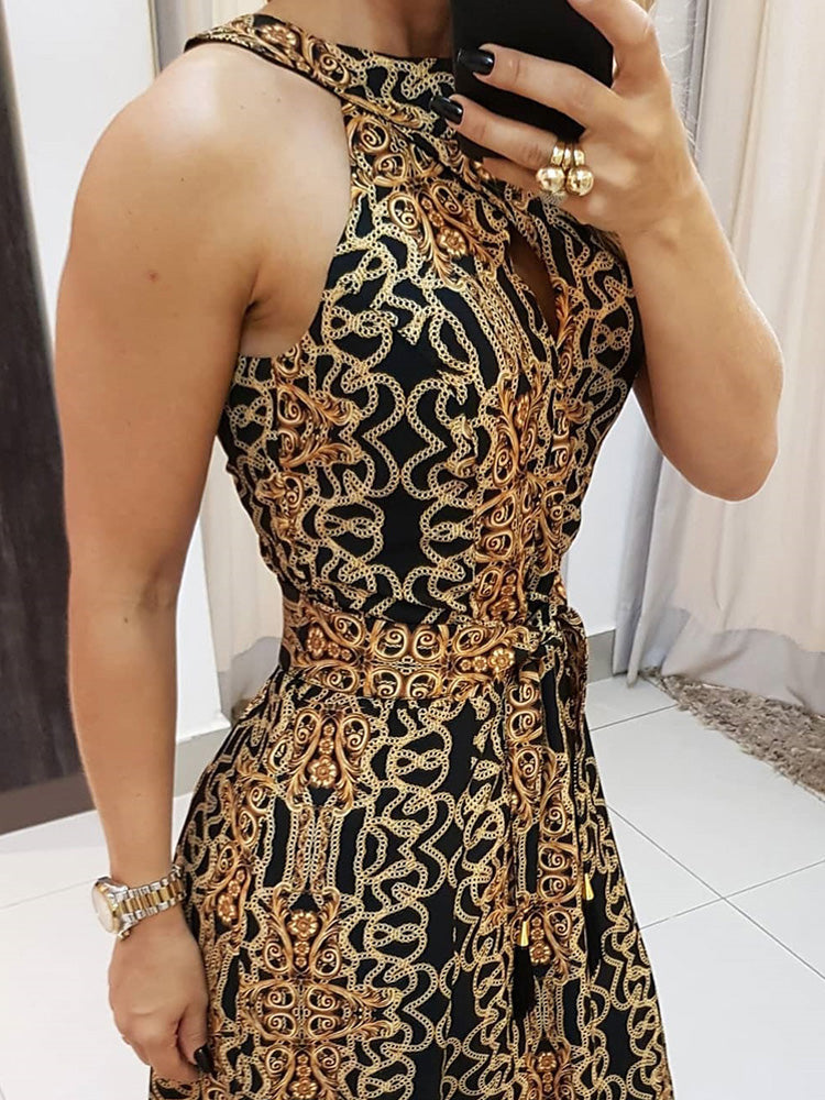 Elegant Sleeveless Baroque Print Sleeveless Midi Dress
