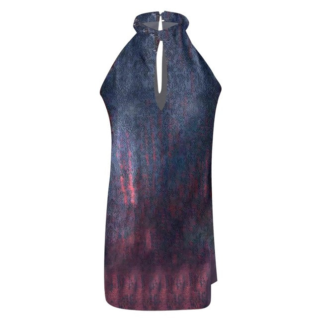Summer Beach Dress With Floral Print Halter Neck Sleeveless Splice Dress