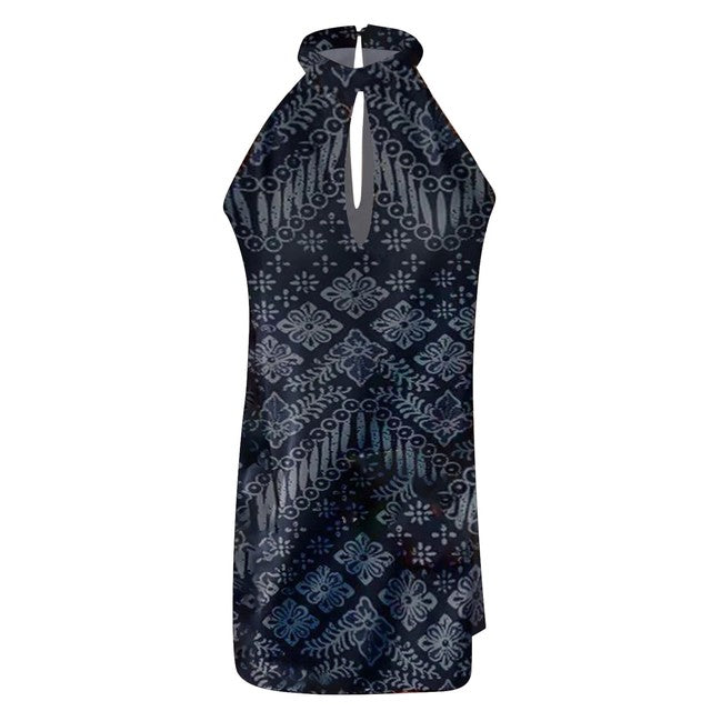 Summer Beach Dress With Floral Print Halter Neck Sleeveless Splice Dress