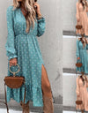 Casual Ruffle V Neck Lantern Sleeve Dress