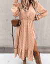 Casual Ruffle V Neck Lantern Sleeve Dress
