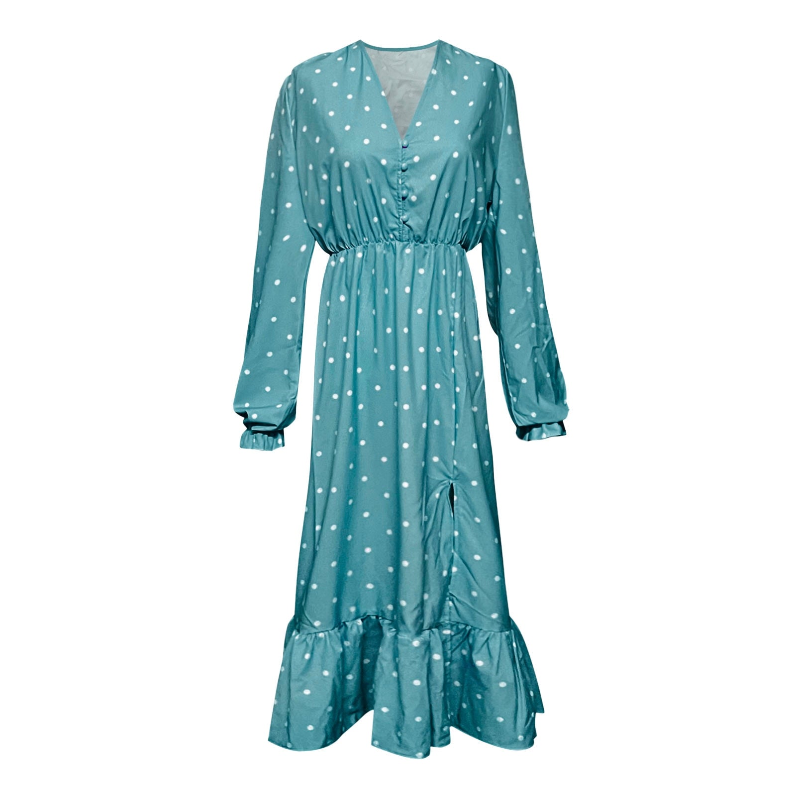 Casual Ruffle V Neck Lantern Sleeve Dress