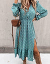 Casual Ruffle V Neck Lantern Sleeve Dress