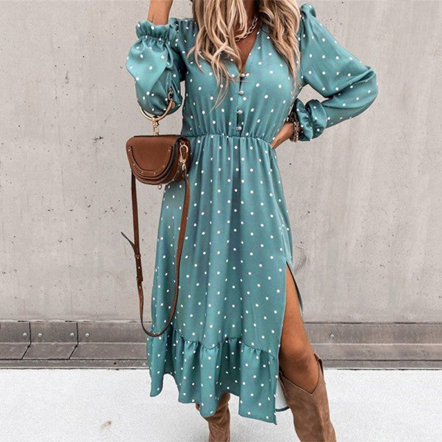 Casual Ruffle V Neck Lantern Sleeve Dress