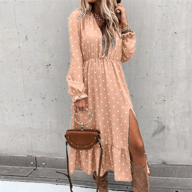 Casual Ruffle V Neck Lantern Sleeve Dress