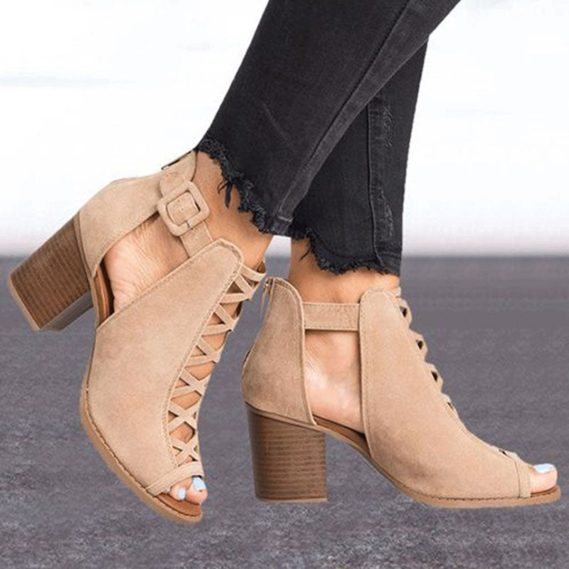 Hollow Out Square Heel Peep Toe Sandals