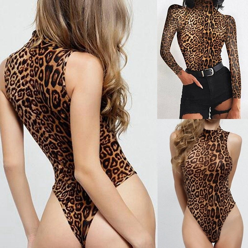 Casual Turtleneck Sleeveless Leopard Bodysuit