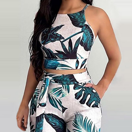 2-piece set palm leaf print sling suit