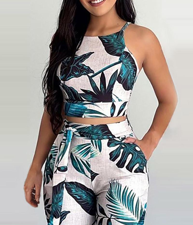 2-piece set palm leaf print sling suit