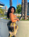 Two Piece Short Backless Strapless Crop Top and High Waist Skinny Knee-length Skirt