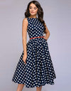 Elegant Sleeveless Polka Dot Print Blue Flared Dress