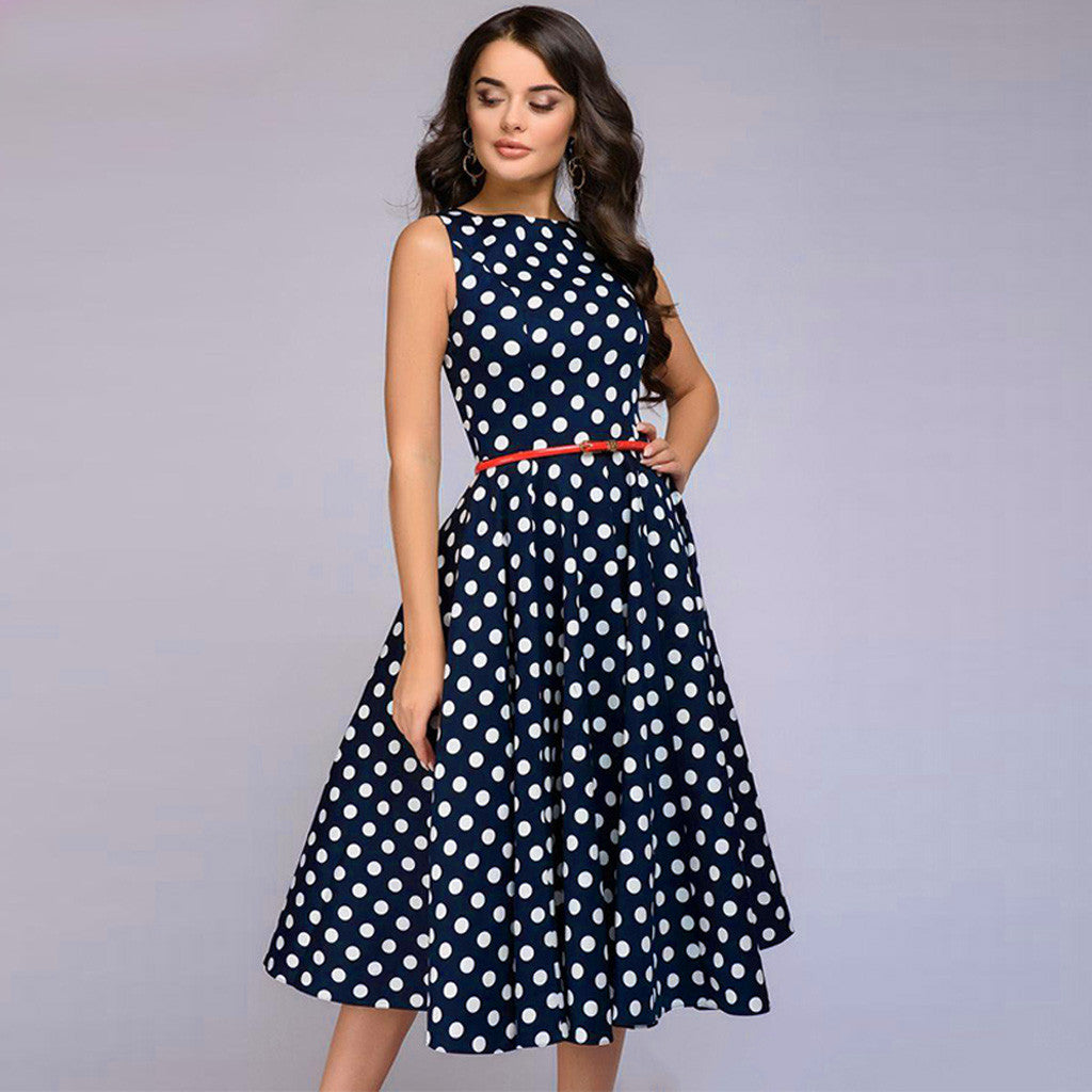 Elegant Sleeveless Polka Dot Print Blue Flared Dress