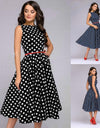 Elegant Sleeveless Polka Dot Print Blue Flared Dress
