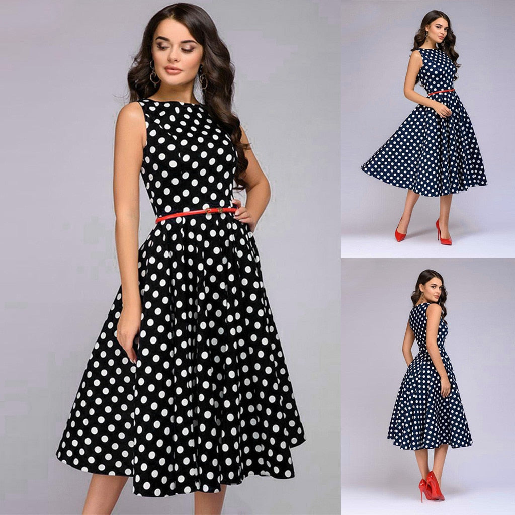 Elegant Sleeveless Polka Dot Print Blue Flared Dress