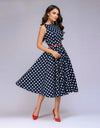 Elegant Sleeveless Polka Dot Print Blue Flared Dress