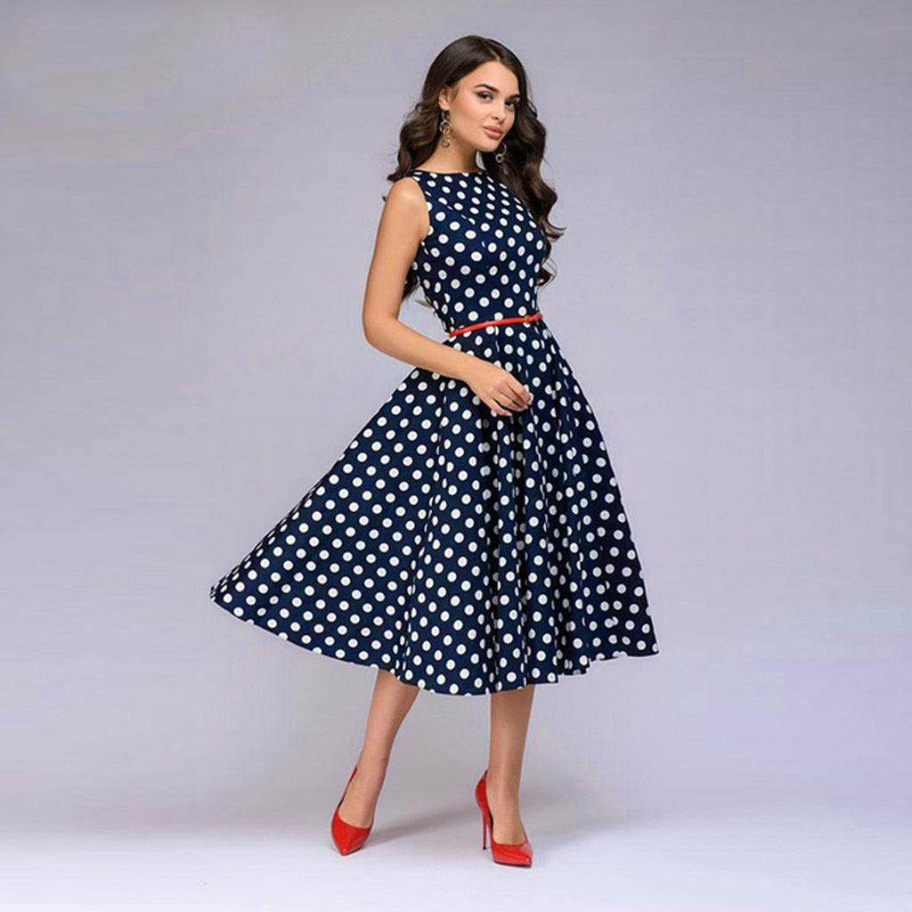 Elegant Sleeveless Polka Dot Print Blue Flared Dress