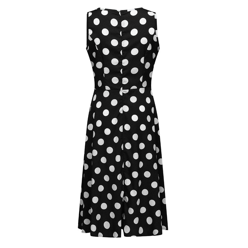 Elegant Sleeveless Polka Dot Print Blue Flared Dress