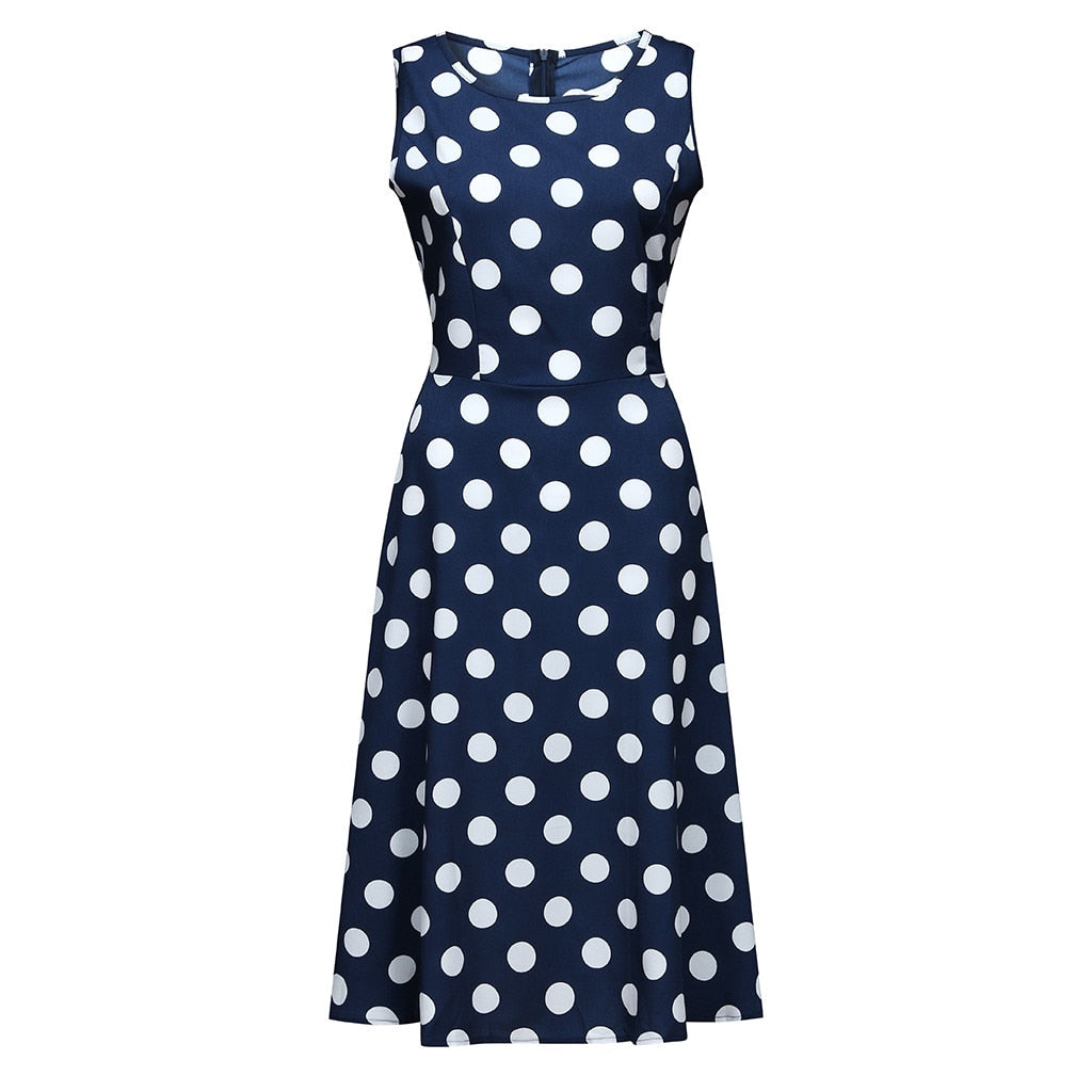 Elegant Sleeveless Polka Dot Print Blue Flared Dress