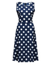 Elegant Sleeveless Polka Dot Print Blue Flared Dress