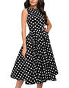 Elegant Sleeveless Polka Dot Print Blue Flared Dress