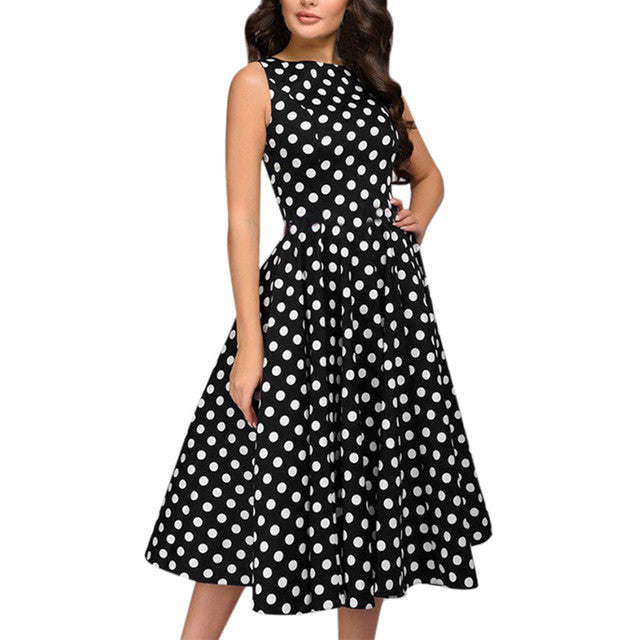 Elegant Sleeveless Polka Dot Print Blue Flared Dress