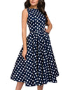 Elegant Sleeveless Polka Dot Print Blue Flared Dress