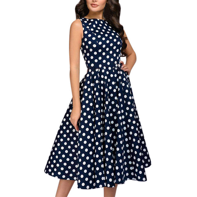Elegant Sleeveless Polka Dot Print Blue Flared Dress