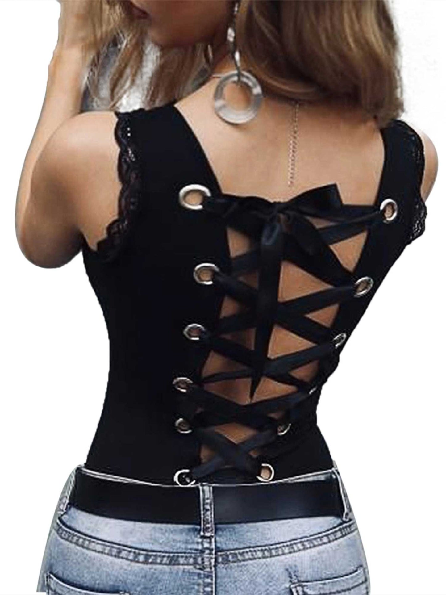 Backless Hollow Bandage Solid Color Camisole